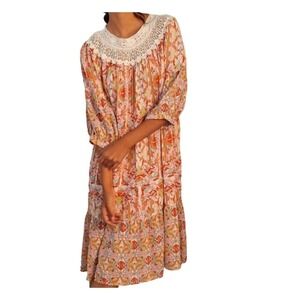 Anthropologie Women's Dress Orange Floral‎ Crochet Boho Cottagecore Maxi Size S